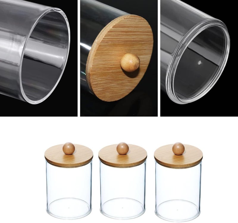 DIYOHFE 3PCS Acrylic Qtip Dispensers Holders With Wood lid, Clear Bathroom Round Countertop Storage Organizer Canister for Cotton Balls,Swabs,Pads,Bath Salts ,Makeup Sponges,Tooth Floss - Image 5